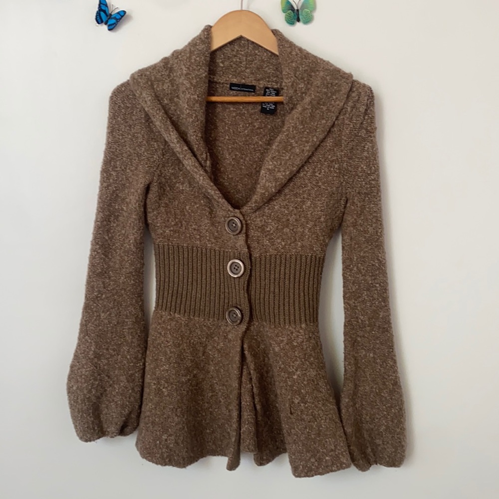 Moda International Puff Sleeve Cardigan Acrylic Wool Blend